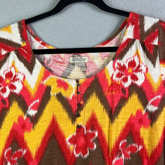 Lucky Brand Top Womens L Pullover Red Yellow Floral Metal Buttons Elastic Hem - Picture 3 of 12